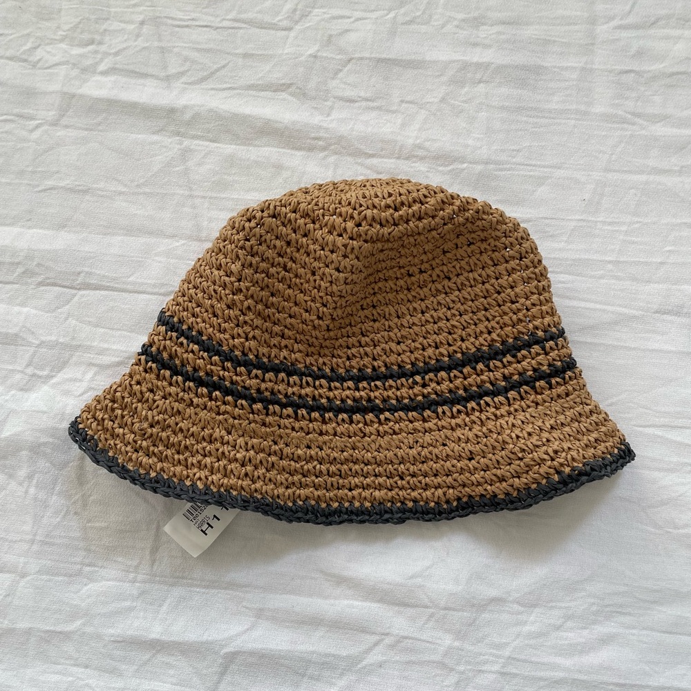 Harris Brown and blue Black Crochet straw Bucket Hat